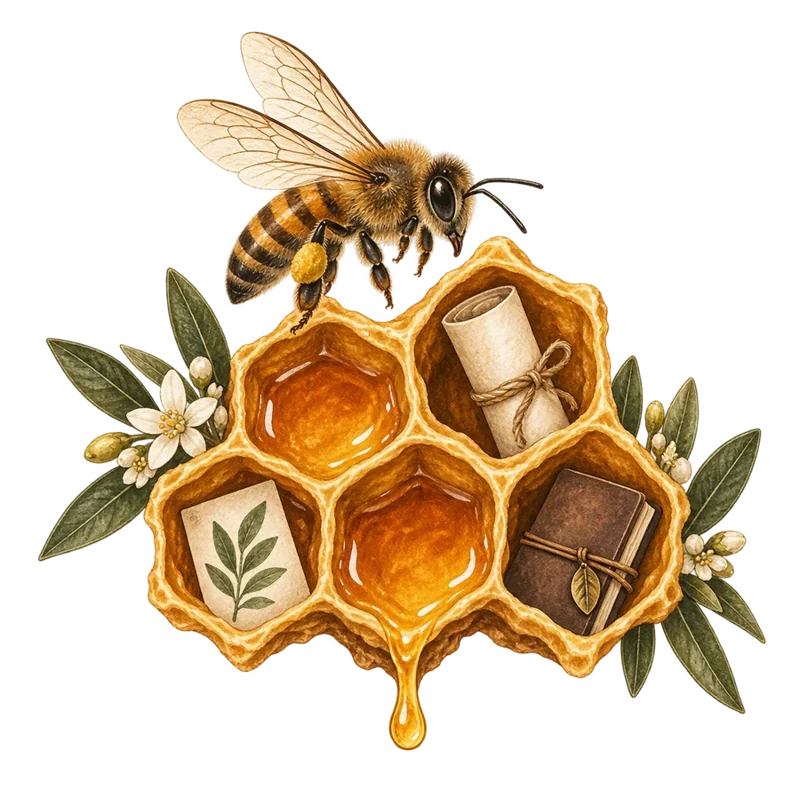 A painted bee tending a honeycomb filled with stories and knowledge.