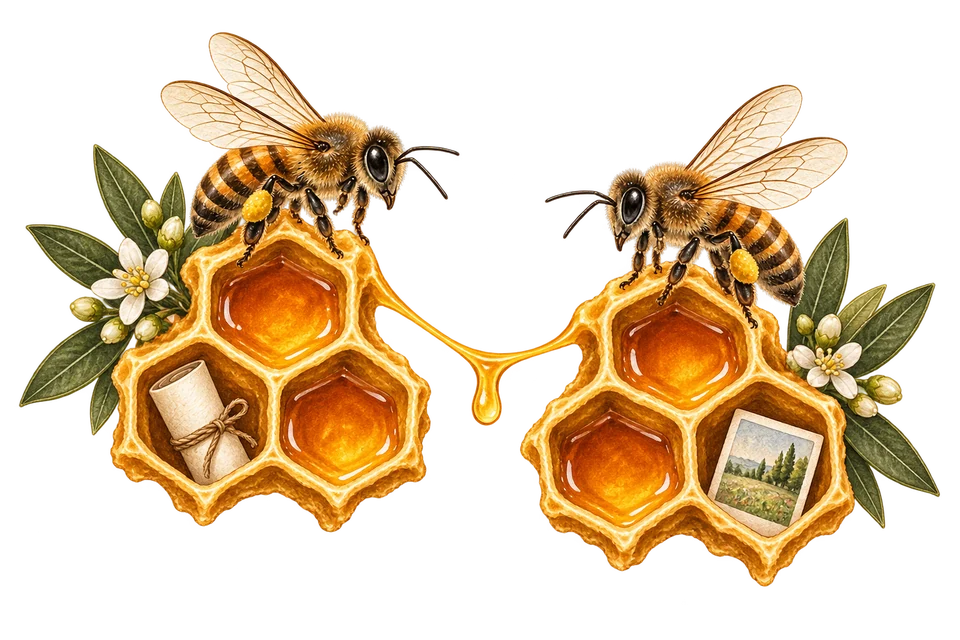 Two bees on separate honeycombs connected by a strand of wax.
