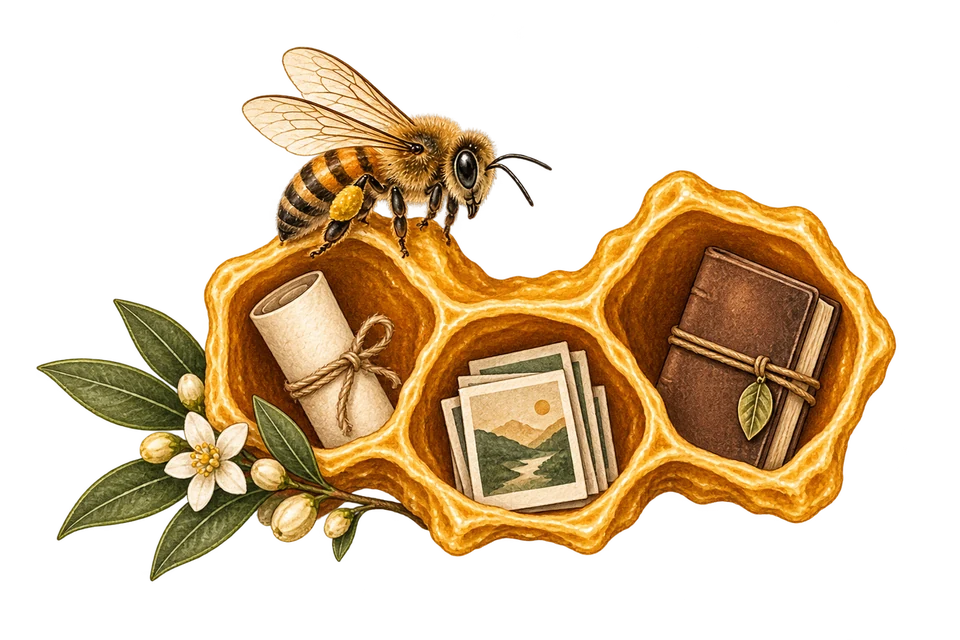 A honeycomb library holding photographs, a manuscript and a book, tended by a bee.
