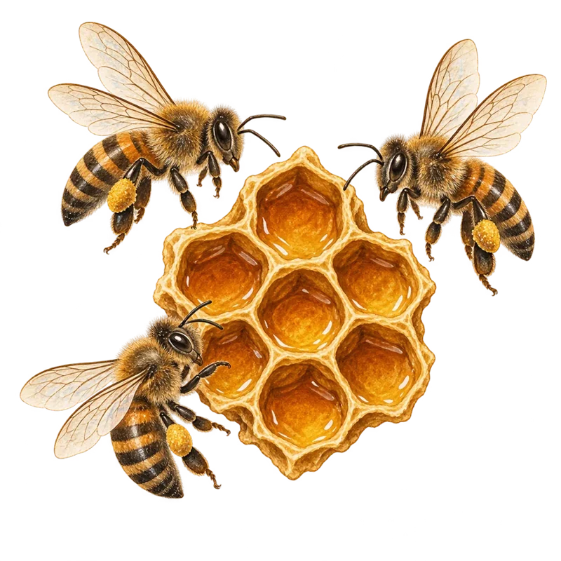 Three painted bees gathering around a shared honeycomb.